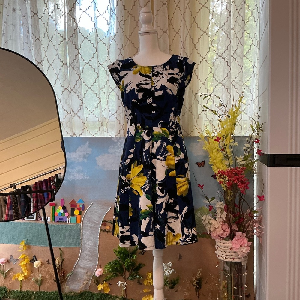 Signature by Robbie Bee Navy and Yellow Floral Midi Dress